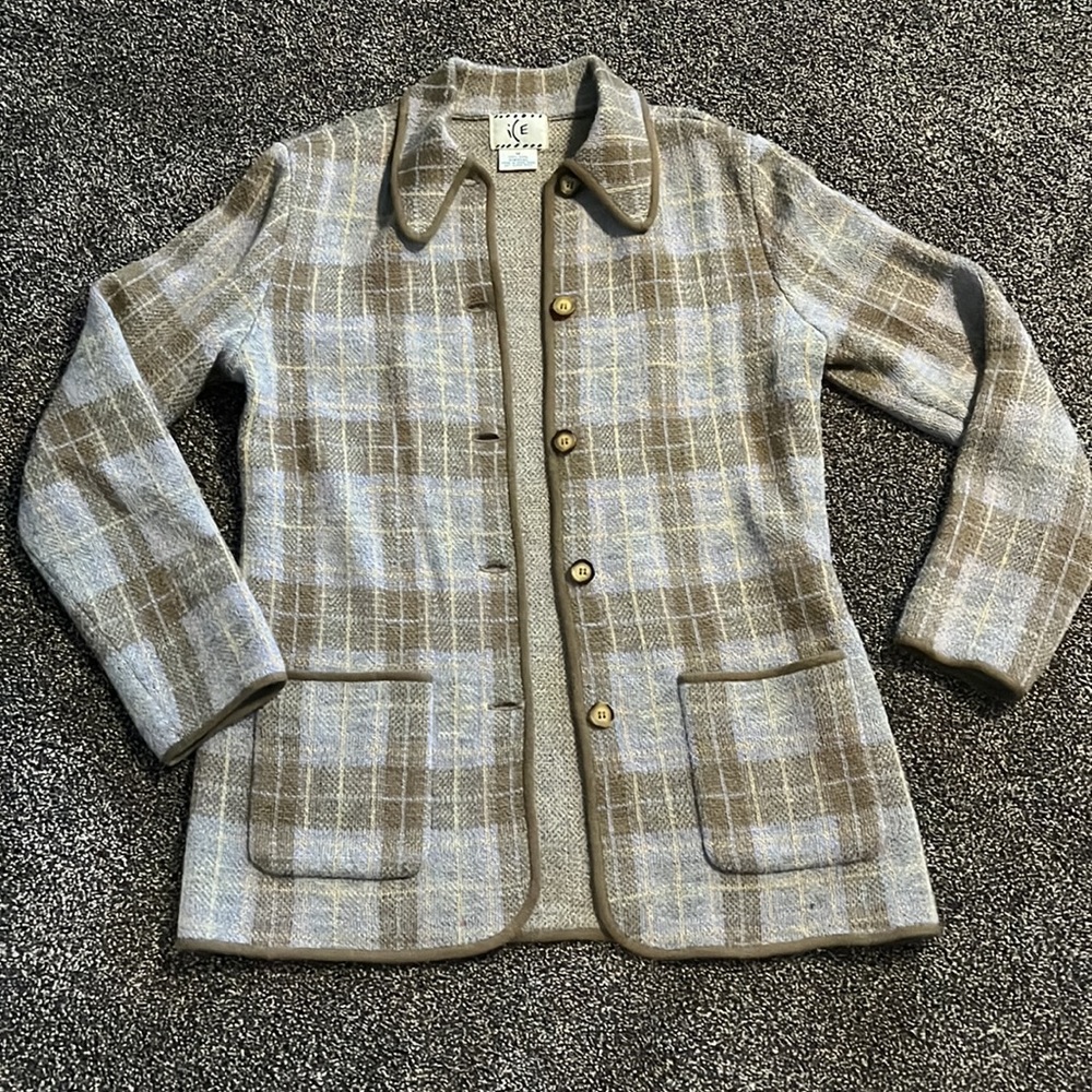 Vintage ICE women’s medium wool plaid button pointed collar cardigan sweater